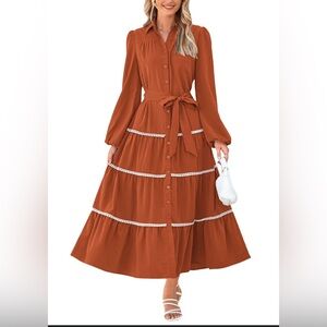 Pretty Garden Long Sleeve Smocked Burnt Orange Maxi Casual Dress SMALL NWT